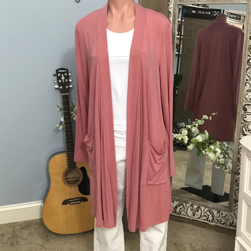 Dusty Rose Longline Cardigan w/Slouchy Pockets